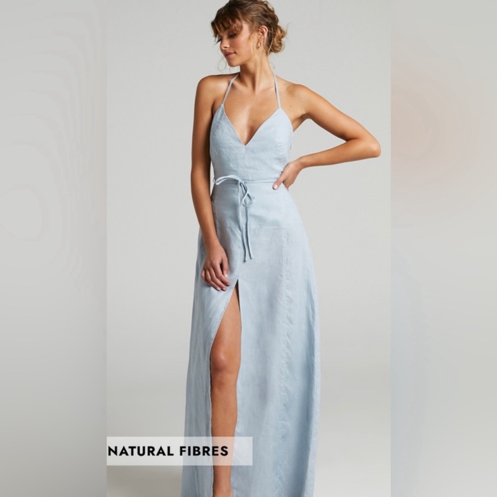 AMALIE THE LABEL - ELMIYA LINEN OPEN BACK HALTER MAXI DRESS